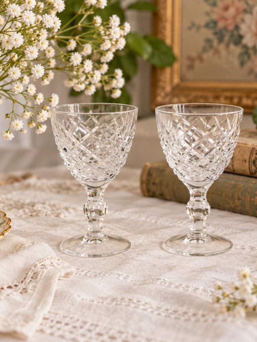 Vintage Cut Crystal Cordial Glasses Set | Diamond Pattern Sherry Stemware (Set o